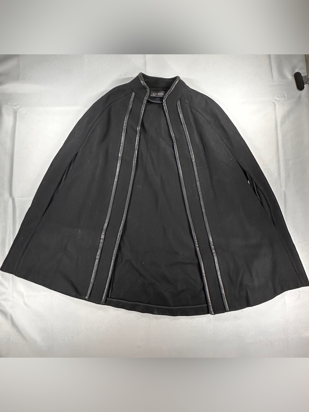 Zara Woman Black Cape Coat Faux Leather Trim S